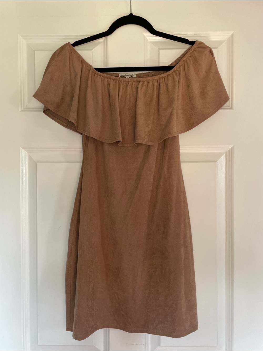 Charlotte Russe Off-Shoulder Ruffle Dress in Camel Brown Suede
